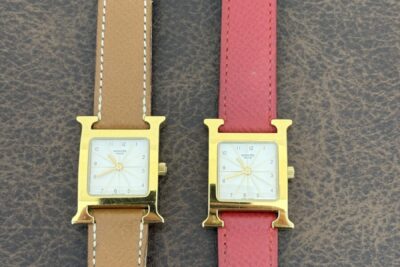 エルメス　Hウォッチ、ゴールドベゼル、赤ベルト、茶ベルト